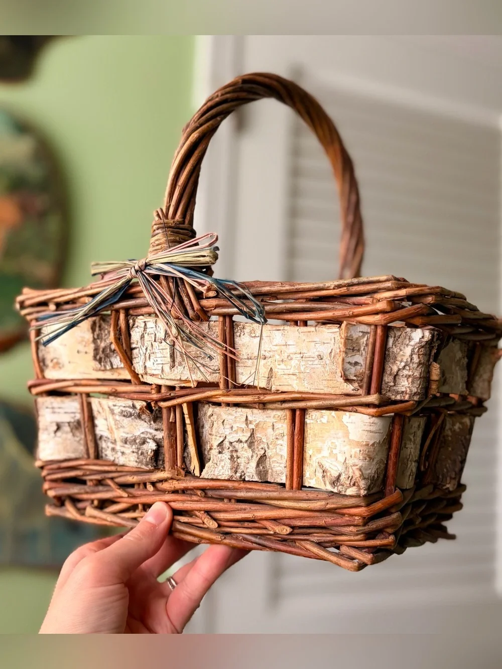 Vintage Handmade Woven Rustic Birch & Wicker Handled Basket - Brown